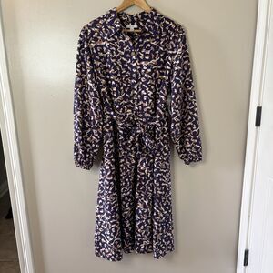 Nine West NEW Belted Midi Dress Navy Blue Abstract Long Sleeves Sz XXL